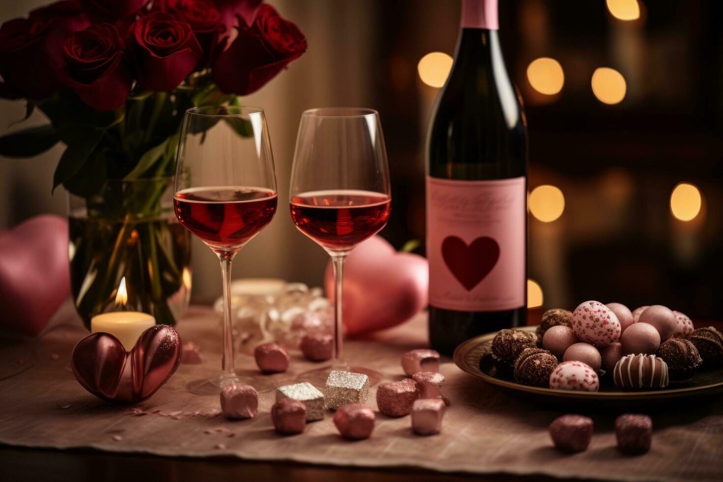 ai generato San Valentino giorno impostare con un' bottiglia di vino, regalo scatole, un' scatola di cioccolatini, e cuore decorazioni su un' rosa sfondo foto
