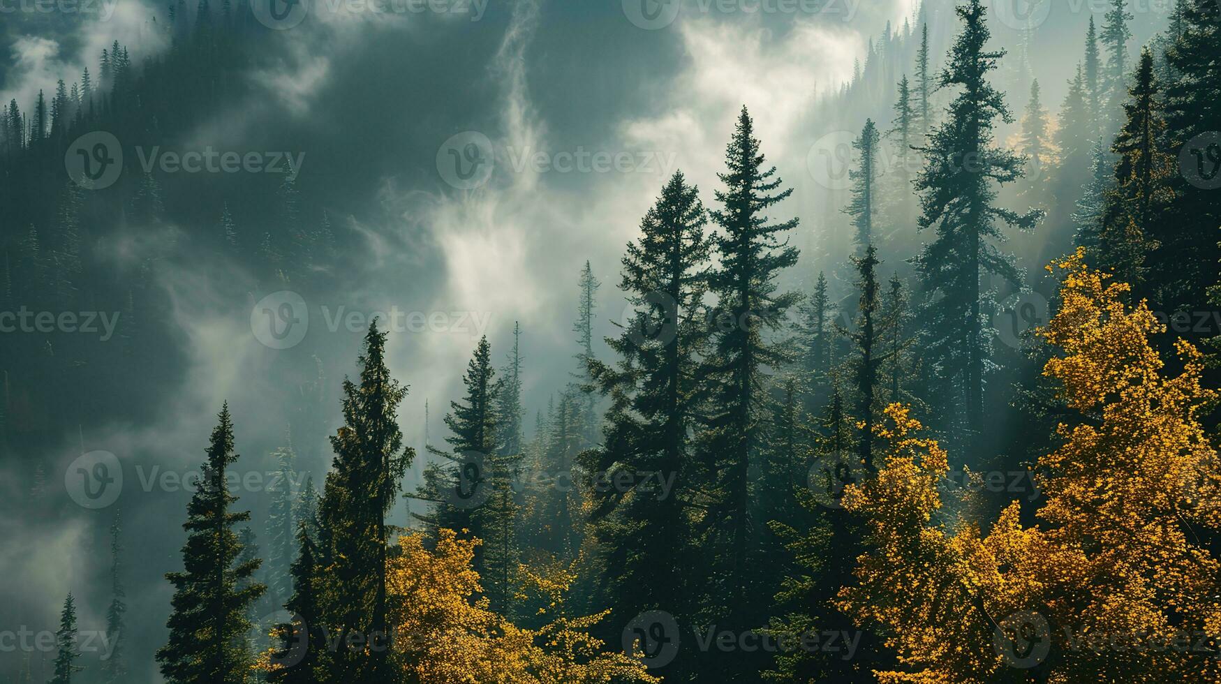 ai generato il terra di pino alberi, pioggia foresta, nebbia, autunno nebbia foto