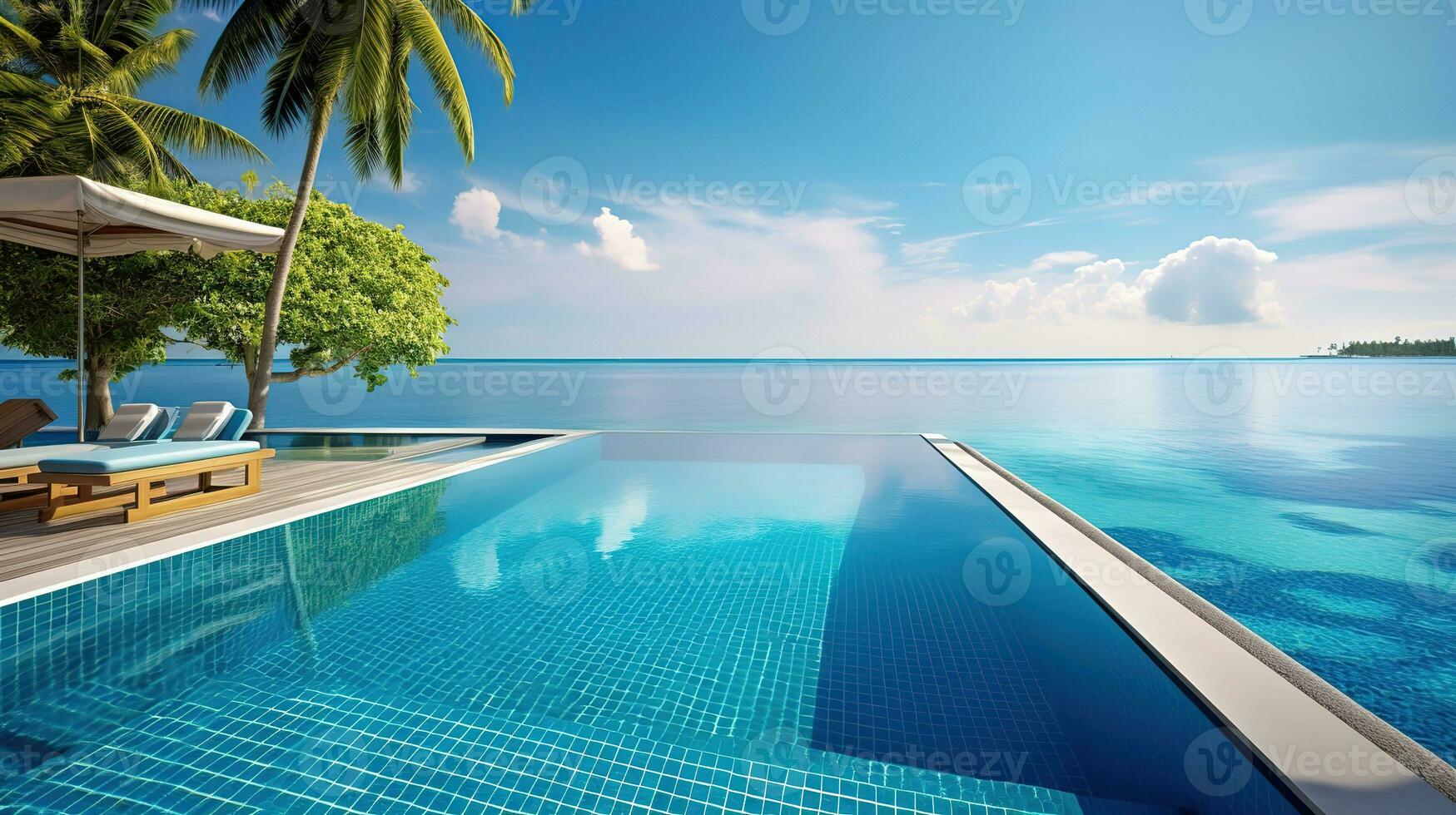 ai generato il piscina a o vicino Maldive a soleggiato foto
