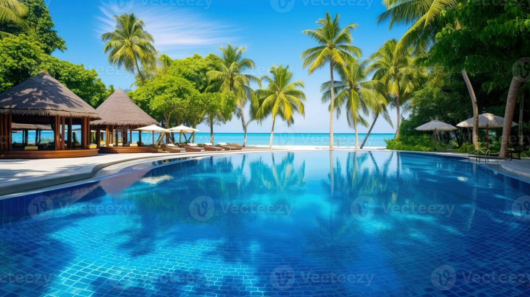 ai generato il piscina a o vicino Maldive a soleggiato foto