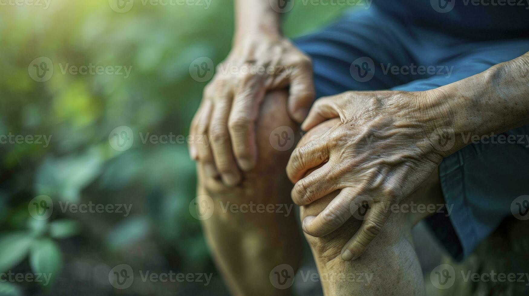 ai generato vecchio uomo mano Tenere il suo ginocchio, ginocchio dolore concetto foto