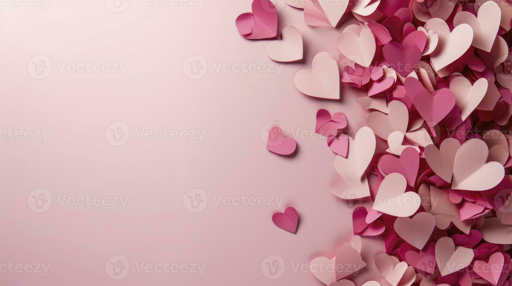 ai generato carta rosa cuori volare su morbido rosa colore sfondo, confine, copia spazio. San Valentino giorno concetto per design. foto