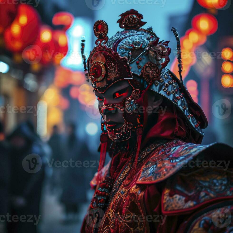 ai generato Cinese uomo con un' Cinese nuovo anno costume nel un' città a il notte. foto