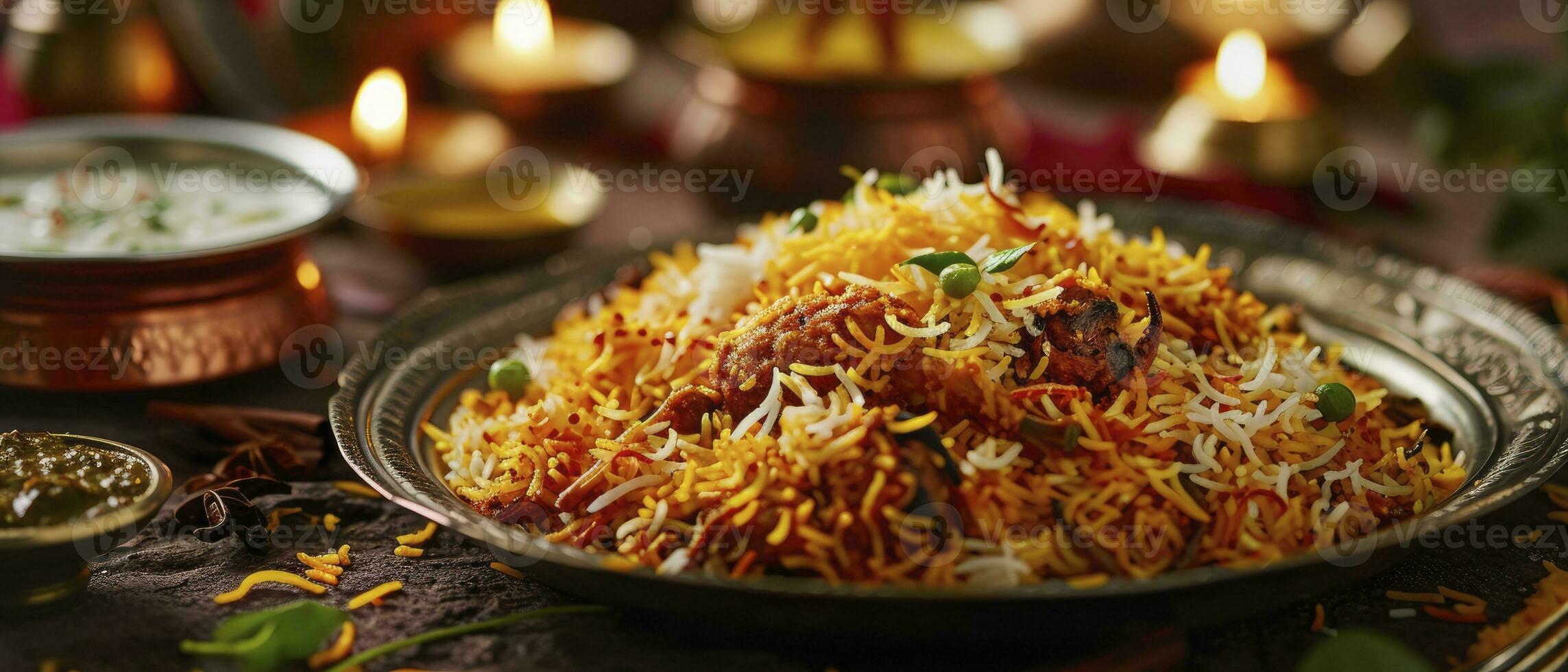 ai generato con un' delizioso enorme piatto di biryani, con reale indiano sfondo foto