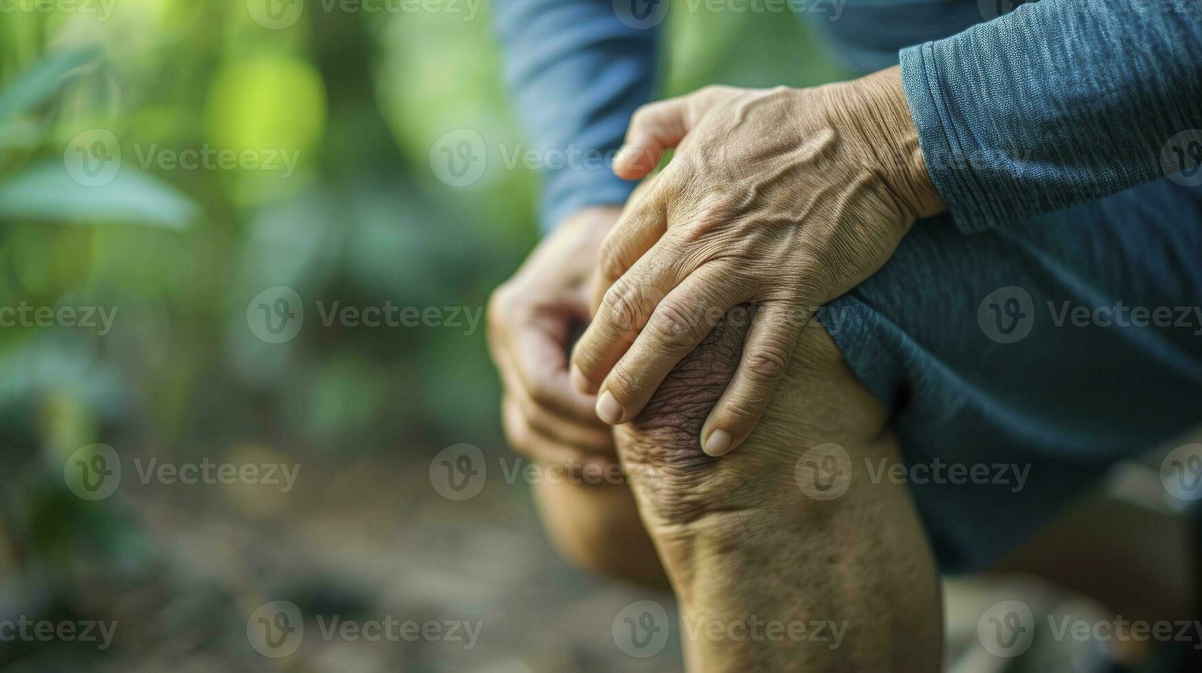 ai generato vecchio uomo mano Tenere il suo ginocchio, ginocchio dolore concetto foto