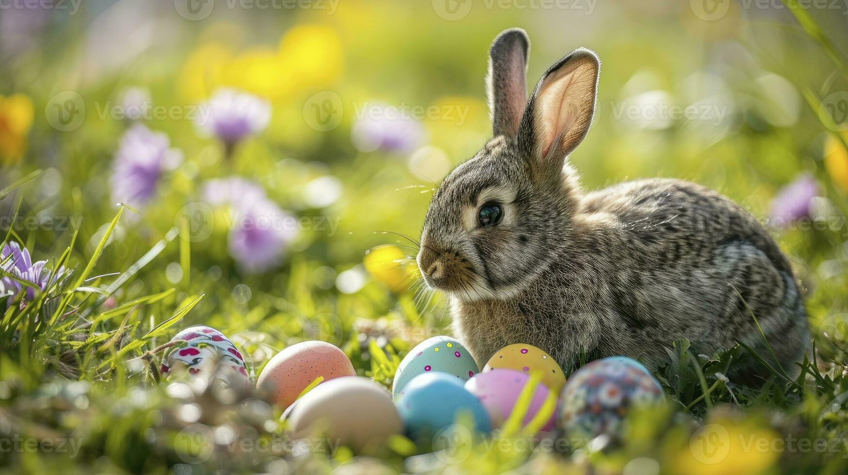 ai generato adorabile coniglietto con Pasqua uova nel fiorito prato foto