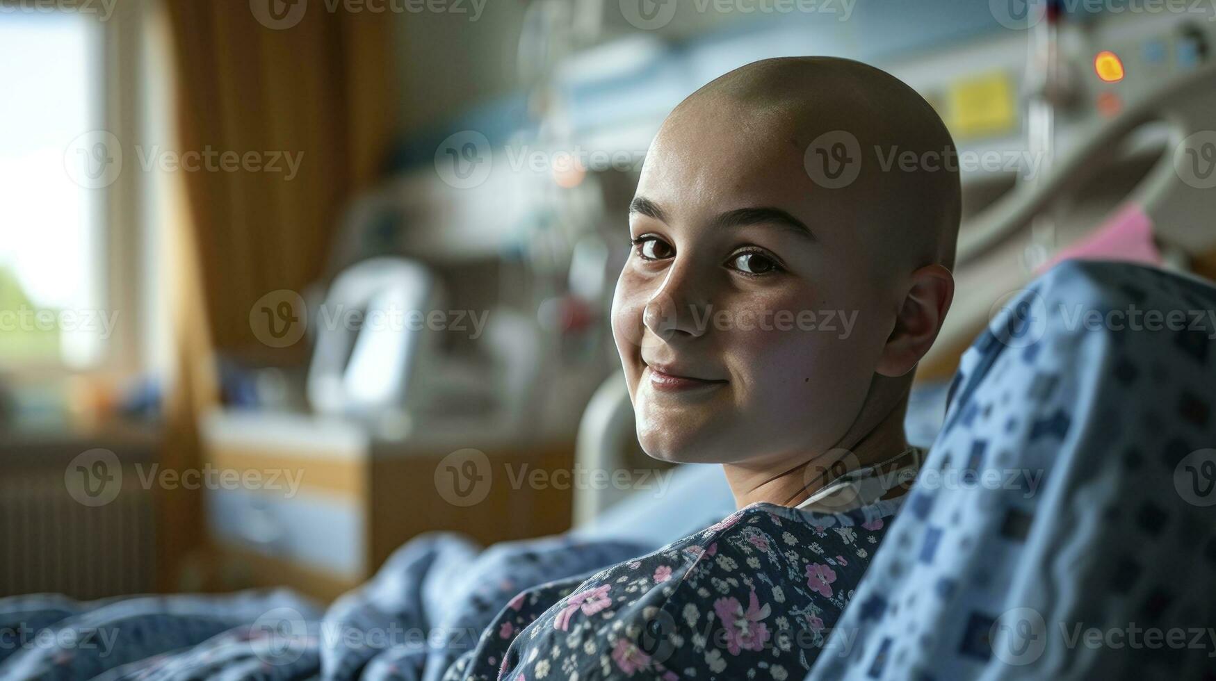 ai generato giovane Calvo donna nel ospedale letto mondo cancro giorno concetto foto