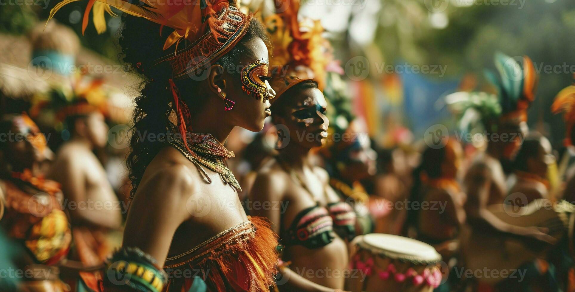 ai generato lascia danza tutti nostro guai lontano. ritagliata tiro di bellissimo samba ballerini l'esecuzione nel un' carnevale con loro gruppo musicale. foto