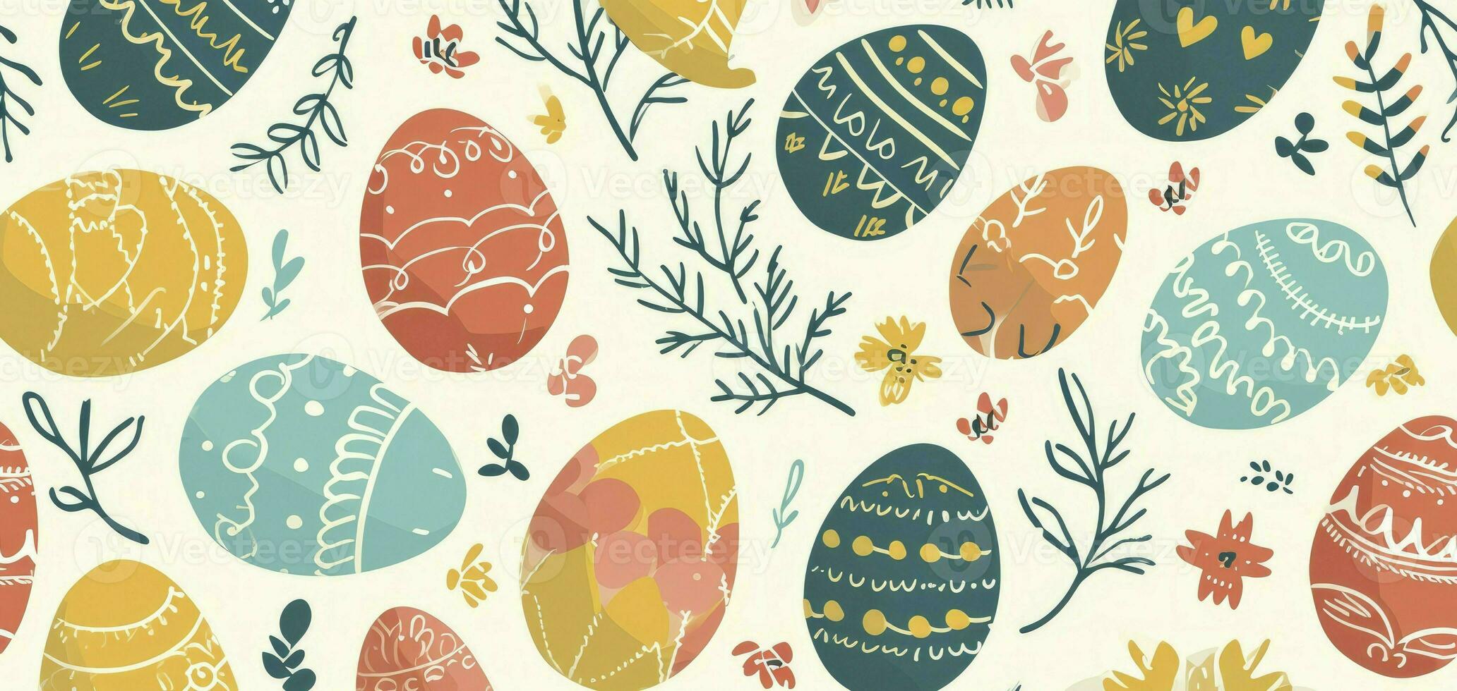 ai generato carino disegnato a mano Pasqua uova orizzontale senza soluzione di continuità modello, divertimento Pasqua decorazione, grande per striscioni, sfondi, carta design. foto