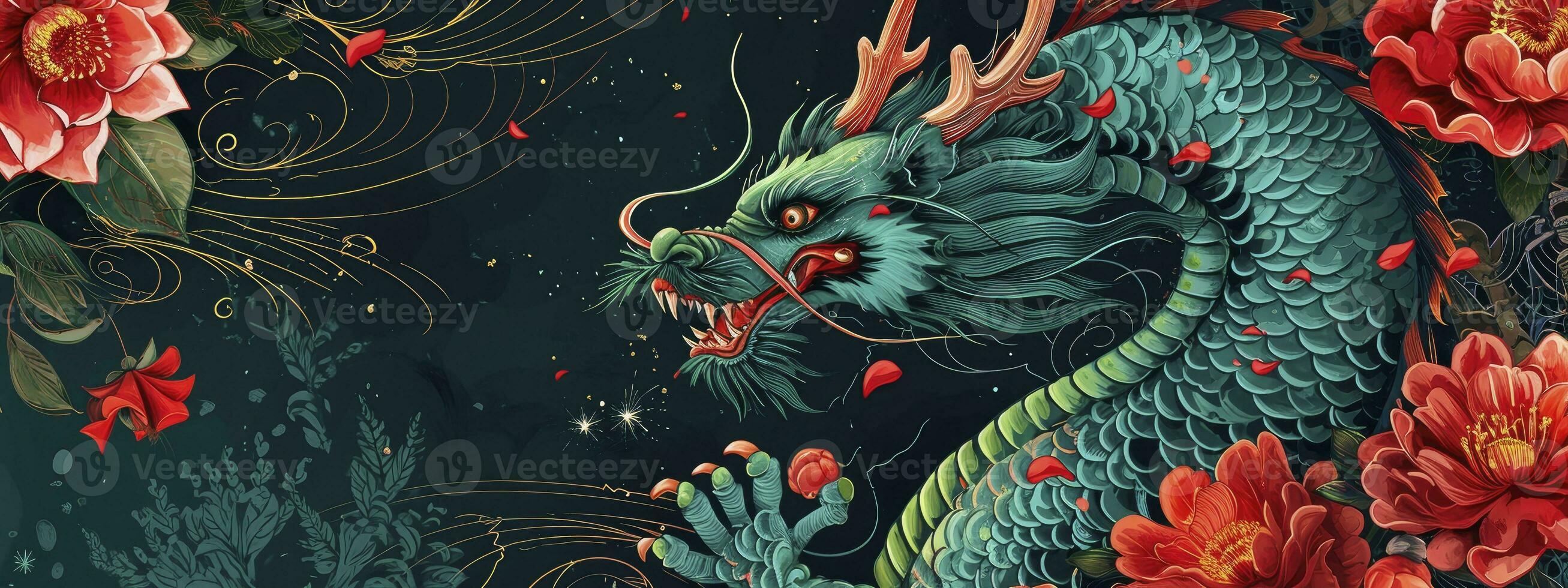ai generato anno di il Drago. Cinese nuovo anno. congratulazioni bandiera con verde Drago, rosso fiori e fuochi d'artificio. foto