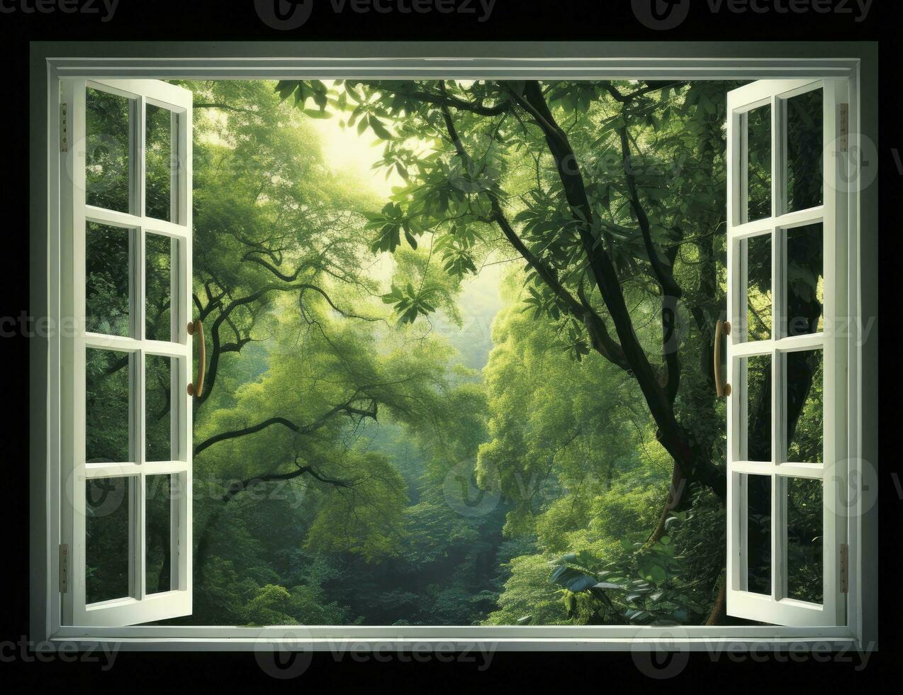 ai generato moderno Casa Aperto finestra Visualizza foresta sfondo foto