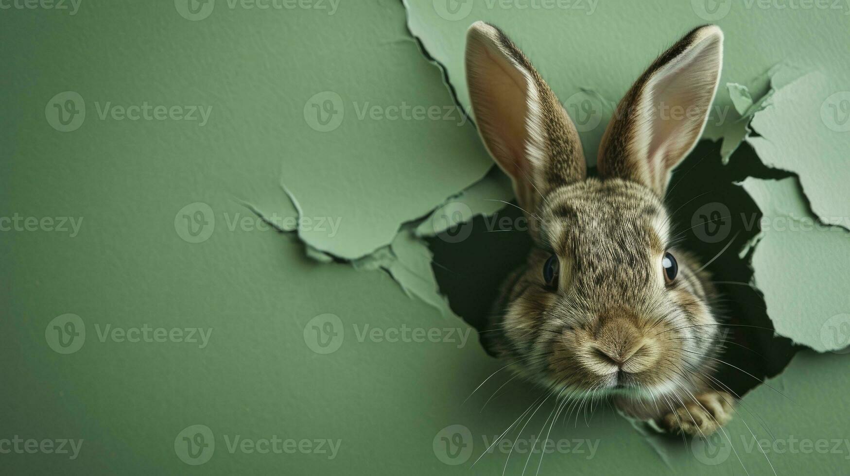 ai generato coniglietto sbirciando su di un' buco nel carta, soffice dalle orecchie coniglietto Pasqua coniglietto striscione, coniglio saltare su strappato buco. foto