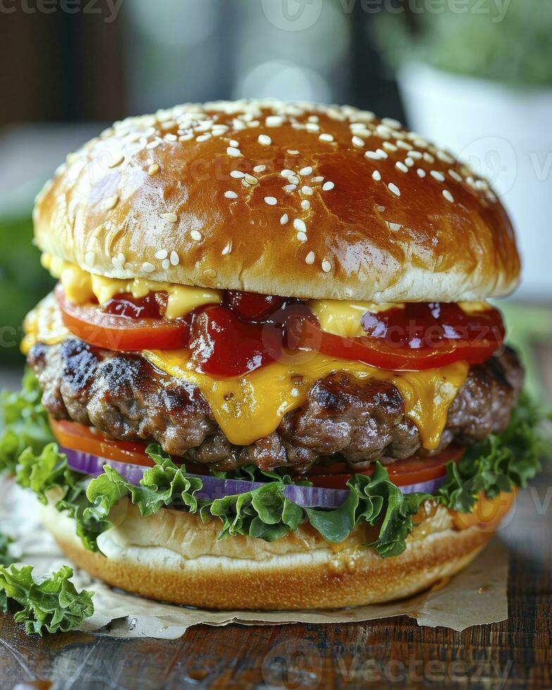 ai generato un' bellissimo hamburger con manzo, americano formaggio, latus verdura e pomodoro su un' di legno tavolo foto