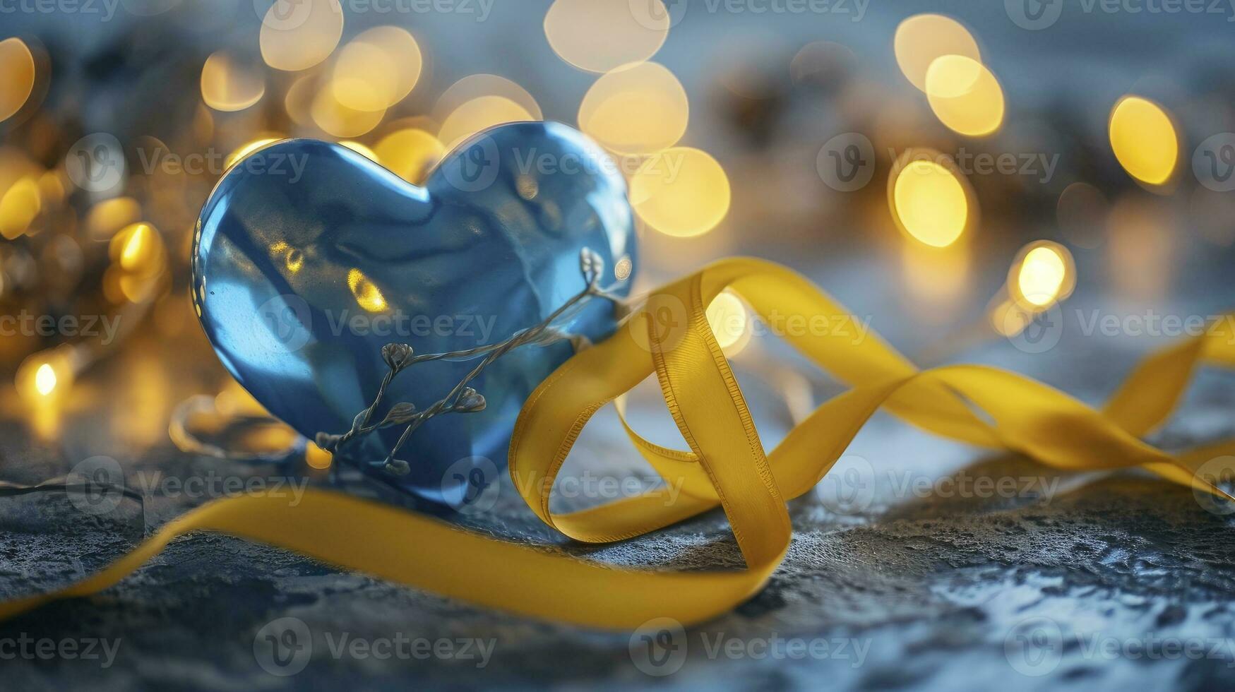 ai generato blu cuore, giallo nastro involucro in giro il cuore, su bokeh sfondo. foto