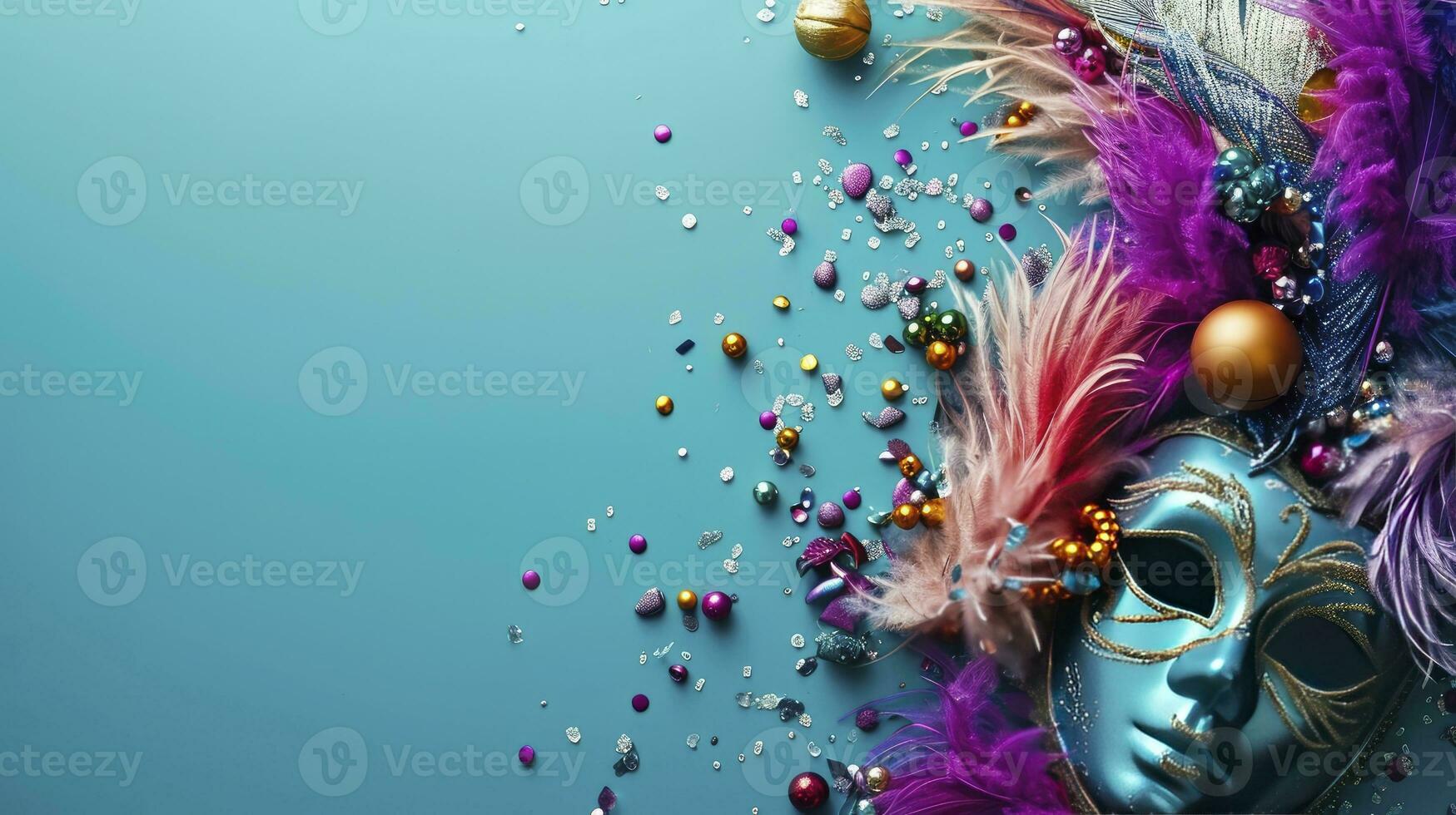 ai generato colorato mardi gras perline, piume e carnevale maschere su blu sfondo con copia spazio foto