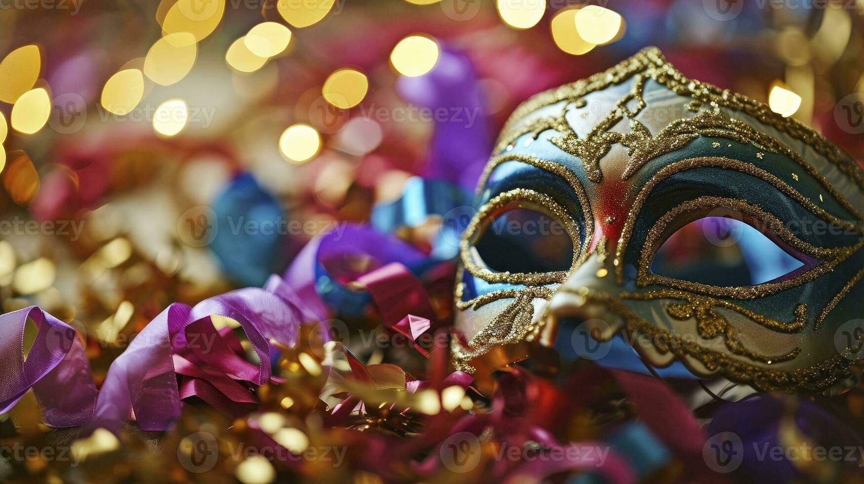 ai generato carnevale festa. veneziano maschera con colorato stella filante e fischio foto