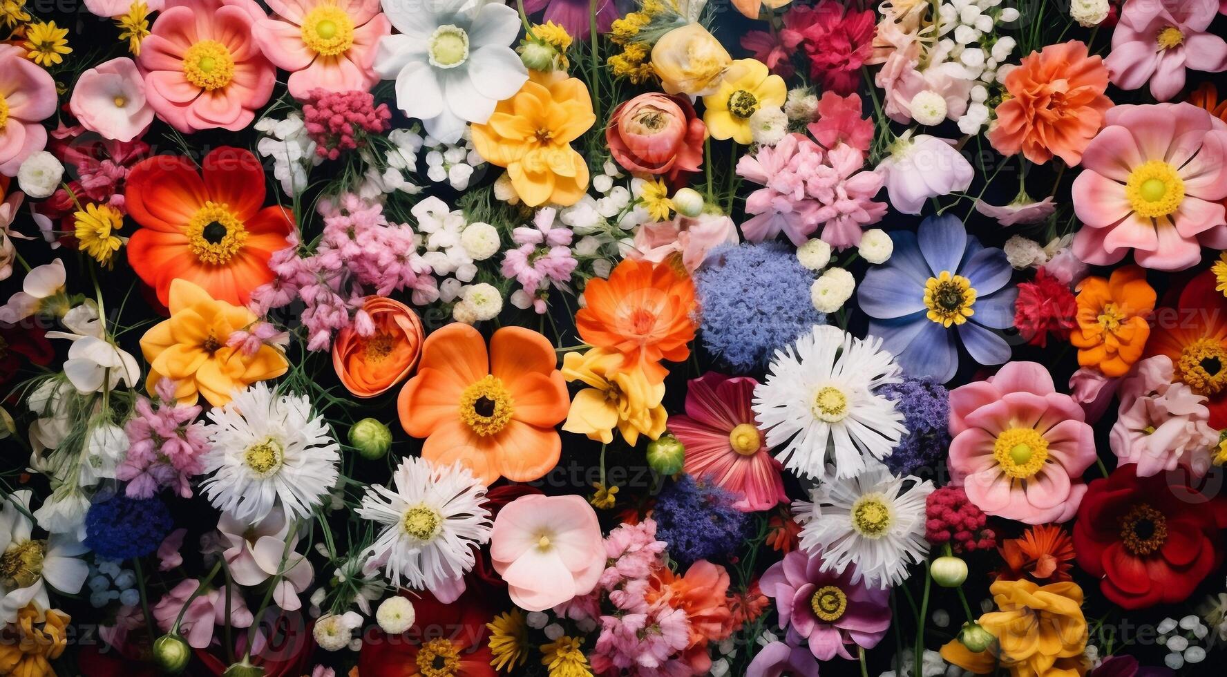 ai generato campo di fiori, fiori nel il campo, colorato fiori sotto il cielo, colorato fiori, fiori campo foto