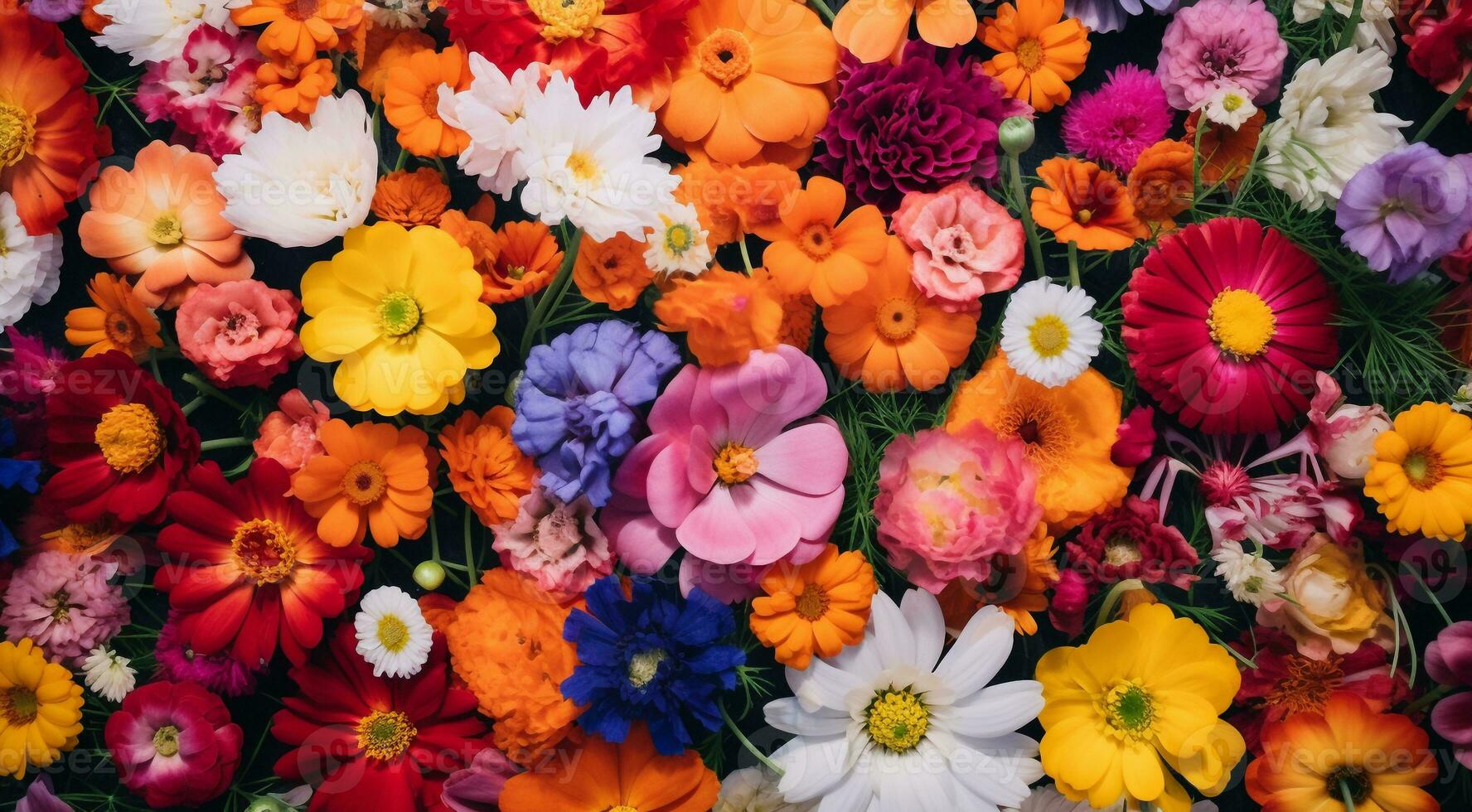 ai generato campo di fiori, fiori nel il campo, colorato fiori sotto il cielo, colorato fiori, fiori campo foto