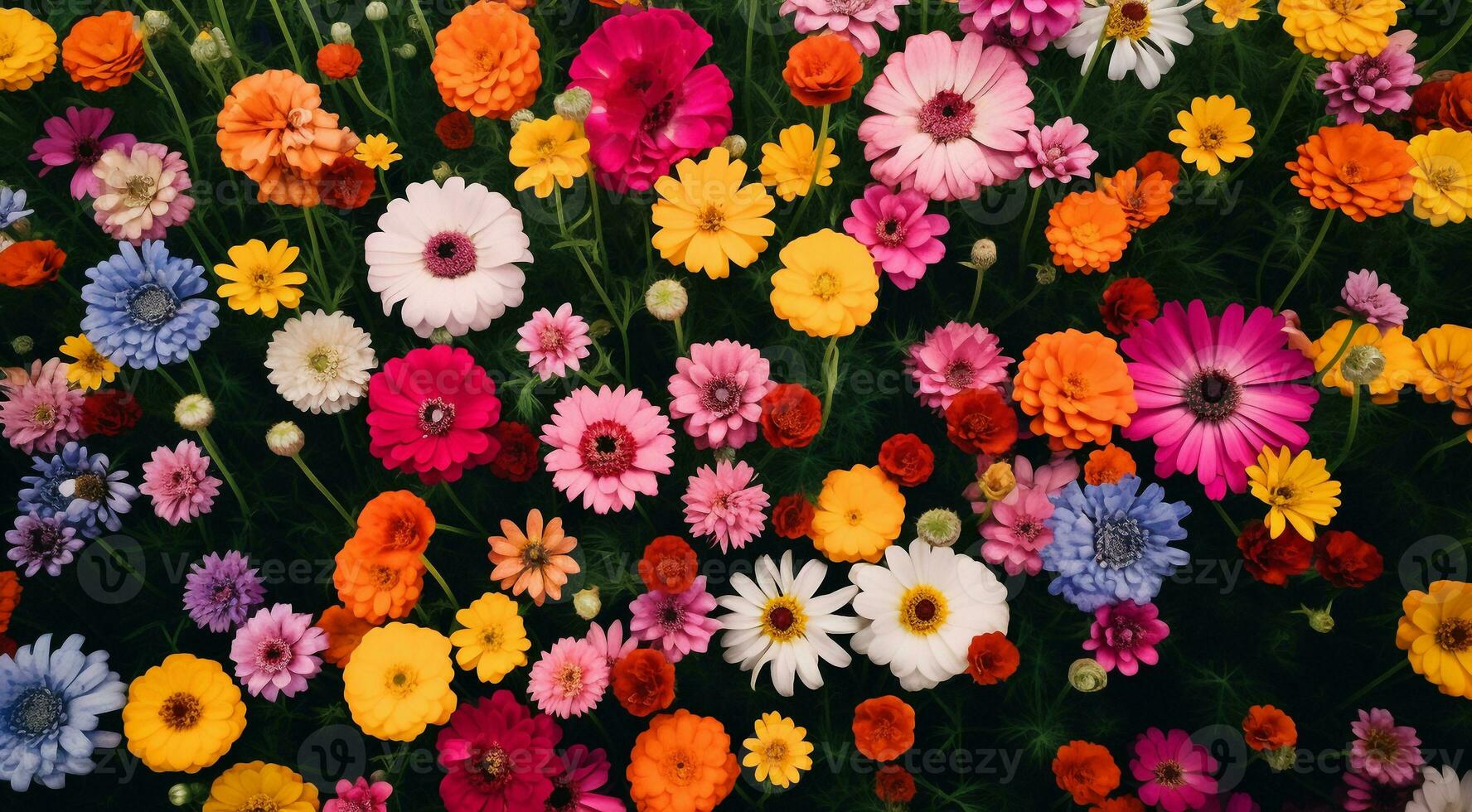 ai generato campo di fiori, fiori nel il campo, colorato fiori sotto il cielo, colorato fiori, fiori campo foto