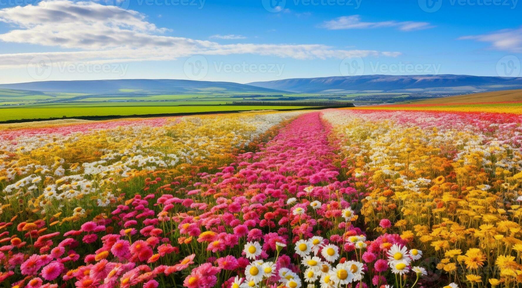 ai generato campo di fiori, fiori nel il campo, colorato fiori sotto il cielo, colorato fiori, fiori campo foto