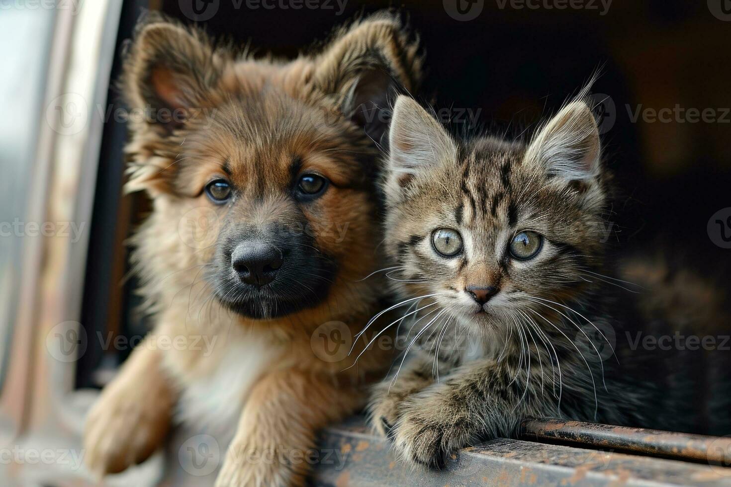 ai generato contento cane e gatto insieme nel auto guardare su di il finestra. estate vocazione viaggio foto