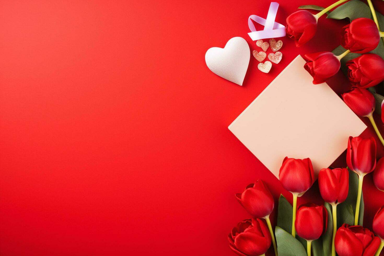 ai generato San Valentino giorno sfondo con rosso cuori e regalo scatola su rosso sfondo contento san valentino giorno generato ai foto