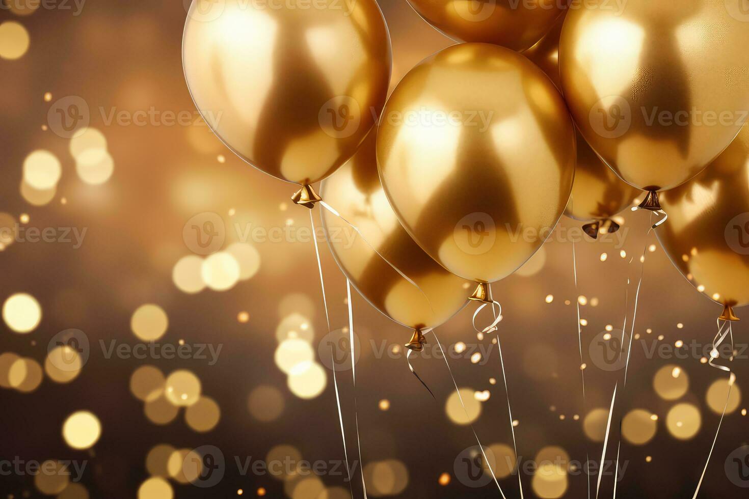 ai generato d'oro palloncini con coriandoli e nastri su bokeh sfondo foto