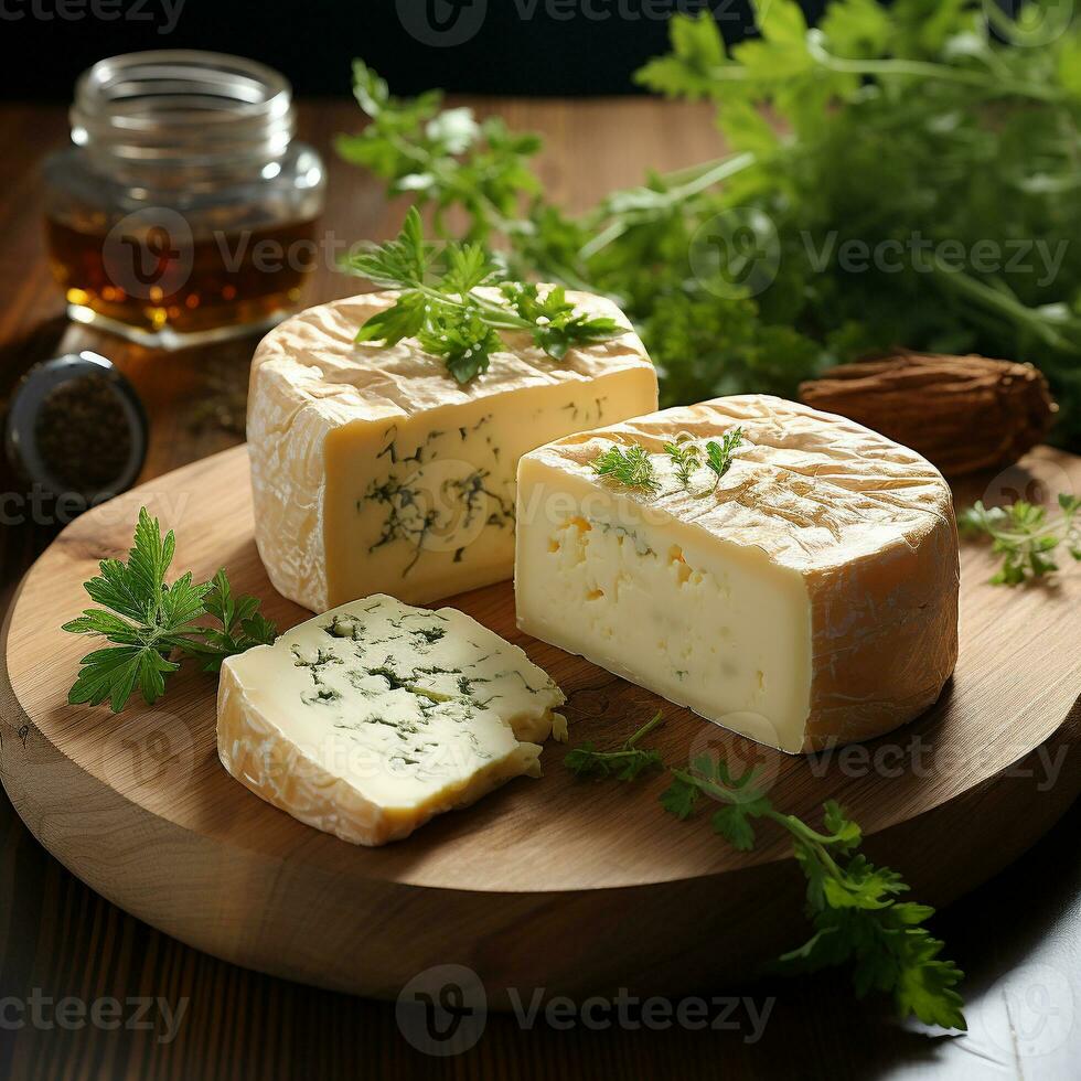 ai generato sulguni formaggio su di legno piatto foto