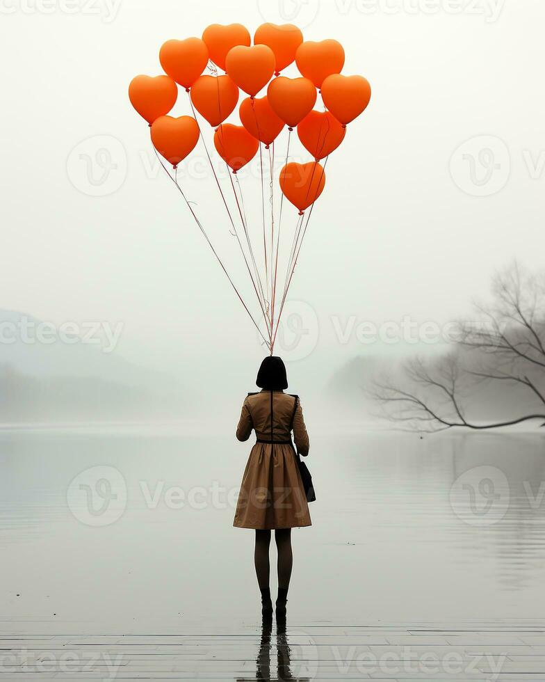 ai generato un' ragazza in posa con palloncini nel un' concettuale fotografia foto