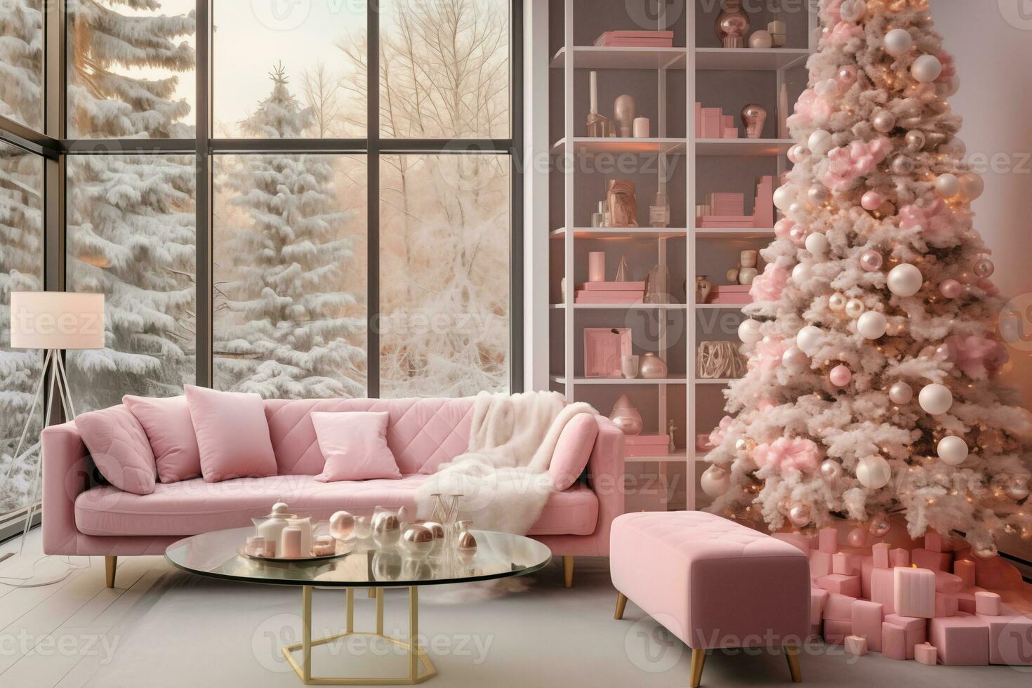 ai generato rosa divano e Natale albero nel moderno interno con grande finestre foto