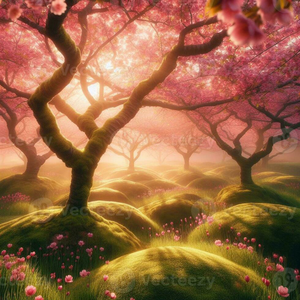 ai generato iper realistico sakamura ciliegia fiorire albero le foglie giapponese Festival mattina rugiada osaka tokyo foto