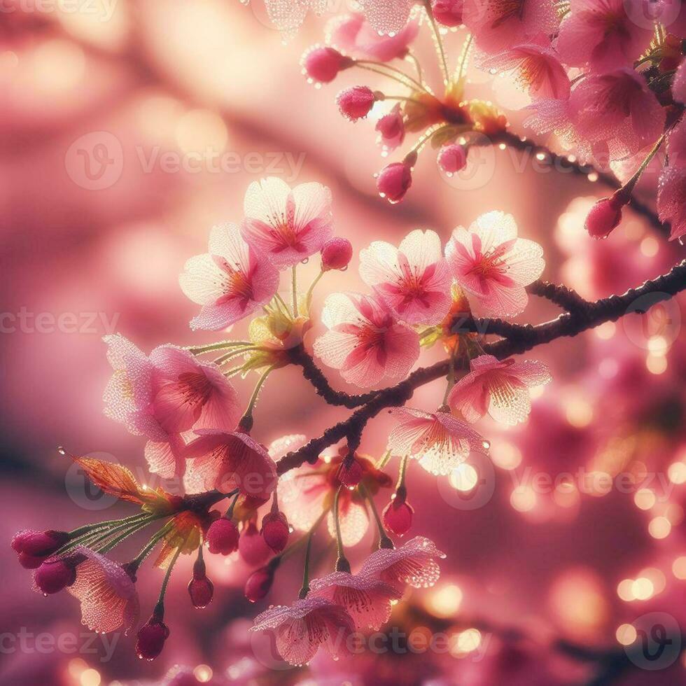 ai generato iper realistico sakamura ciliegia fiorire albero le foglie giapponese Festival mattina rugiada osaka tokyo foto