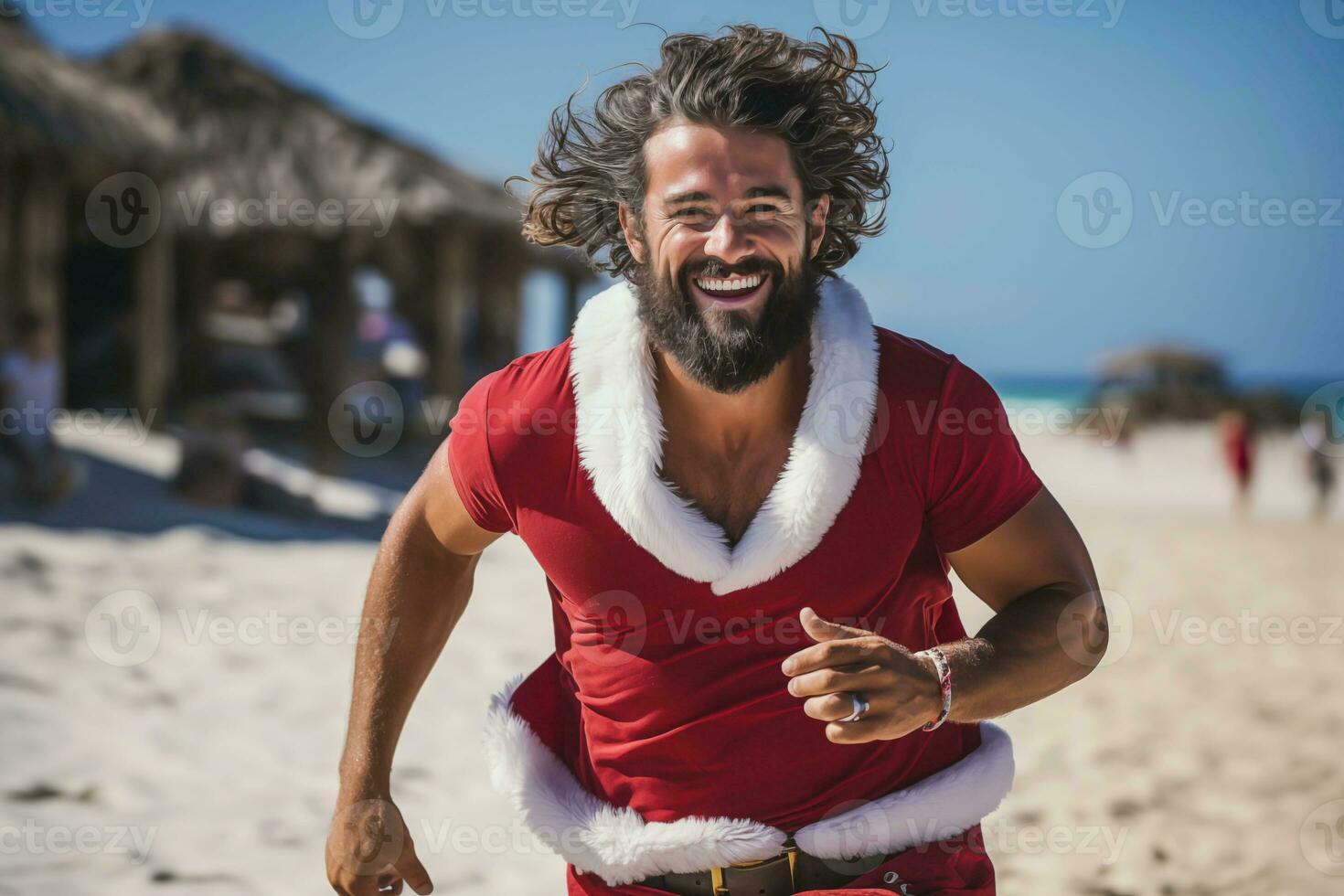 ai generato attraente muscolare giovane uomo indossare un' Santa Claus indumento in esecuzione a spiaggia e sorridente a il telecamera foto