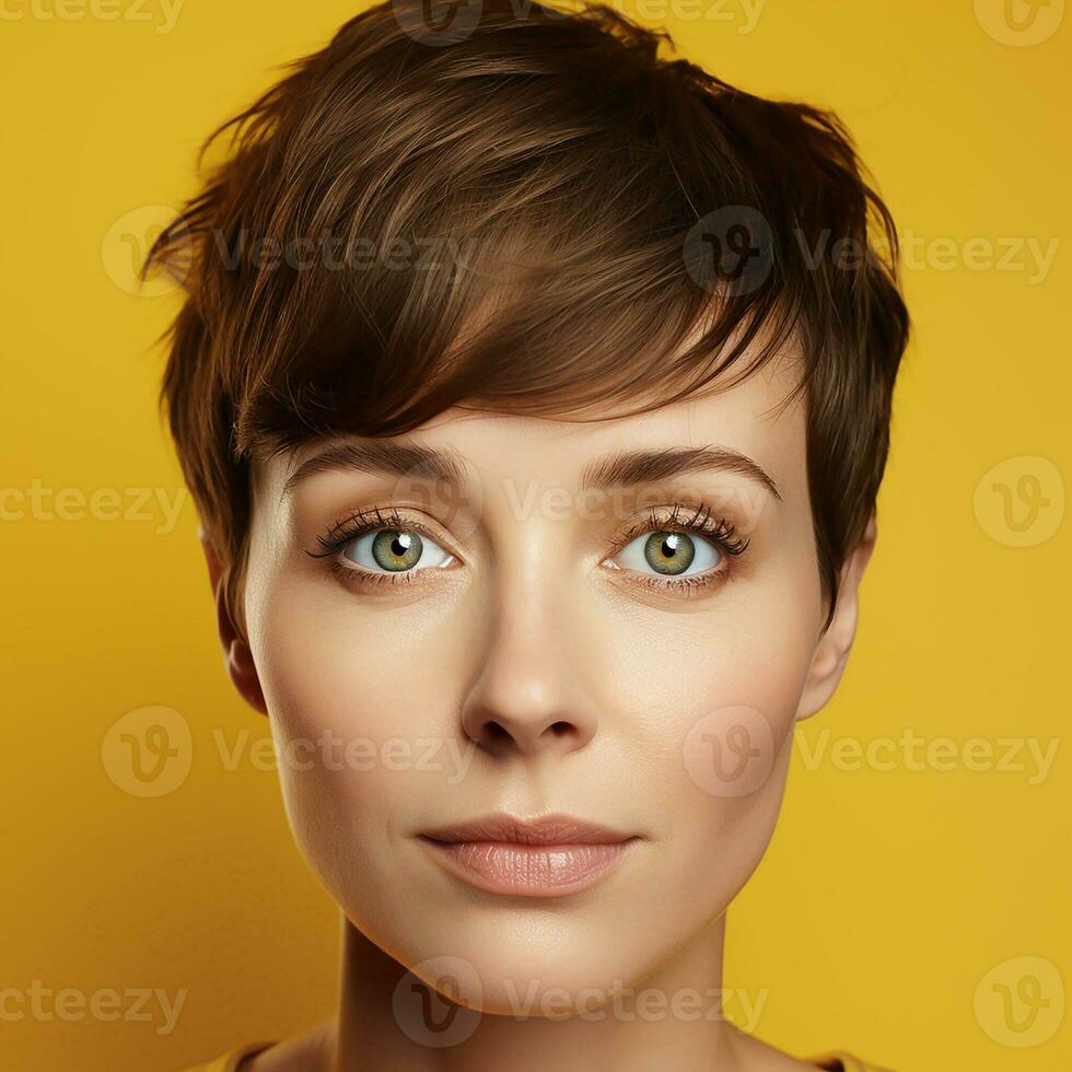 ai generato avvicinamento moda studio foto di un elegante capelli castani donna con un' alla moda corto taglio di capelli isolato al di sopra di giallo sfondo