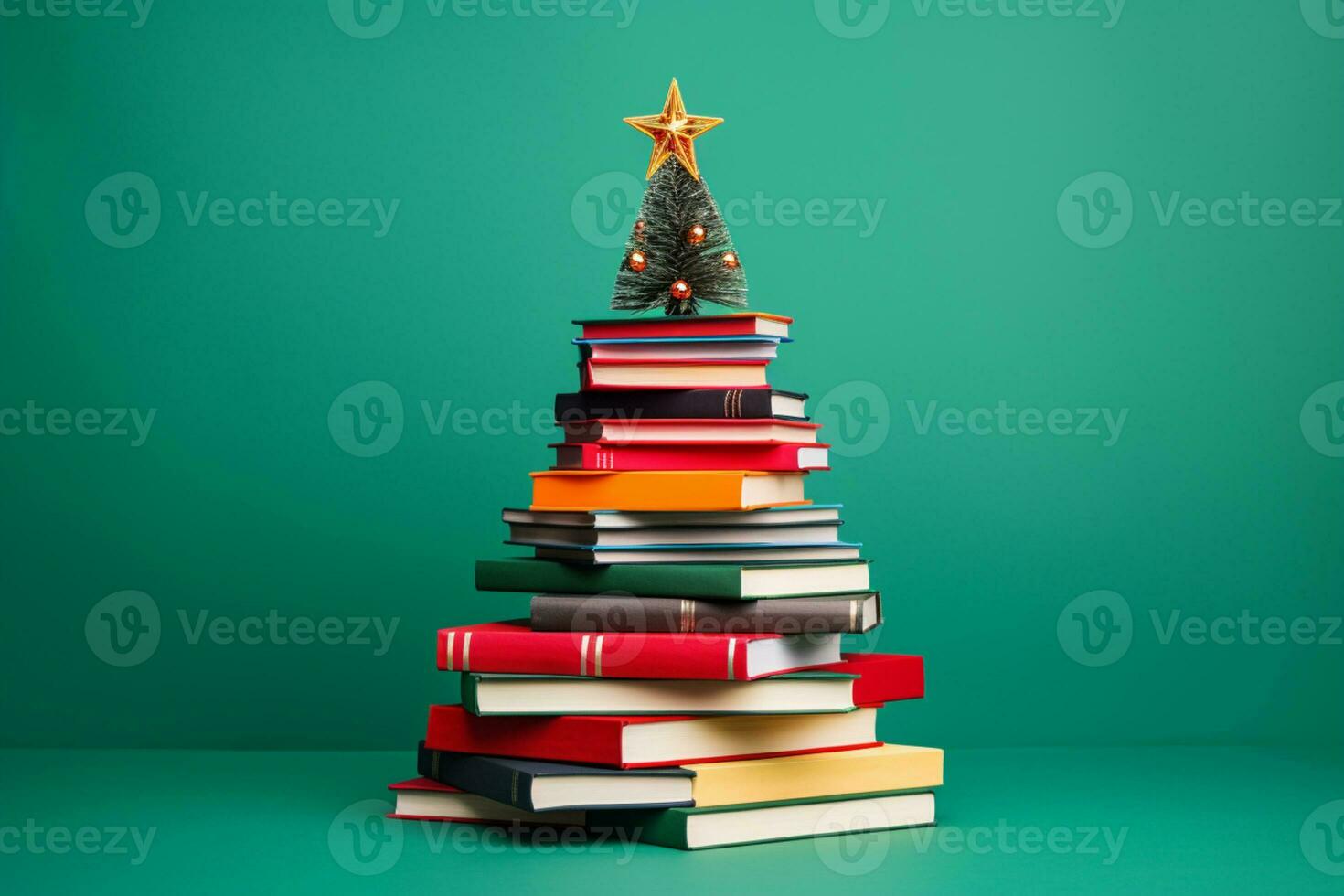 ai generato Natale albero fatto di libri su verde sfondo foto