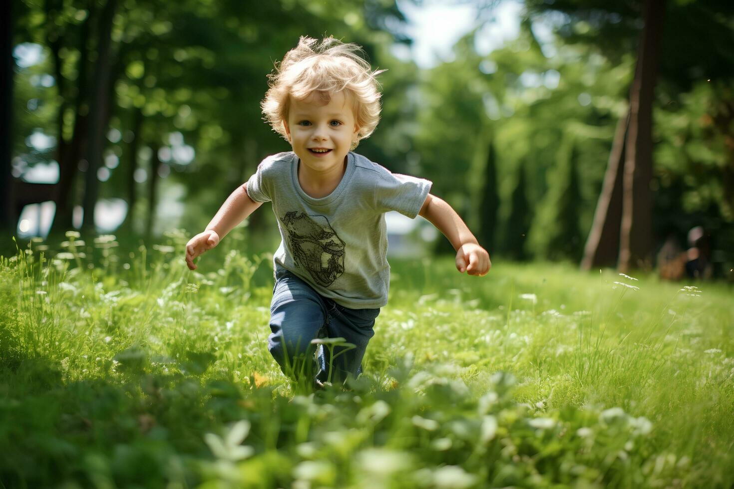 ai generato chasing divertimento capretto gioioso etichetta gioco su il verde prato foto