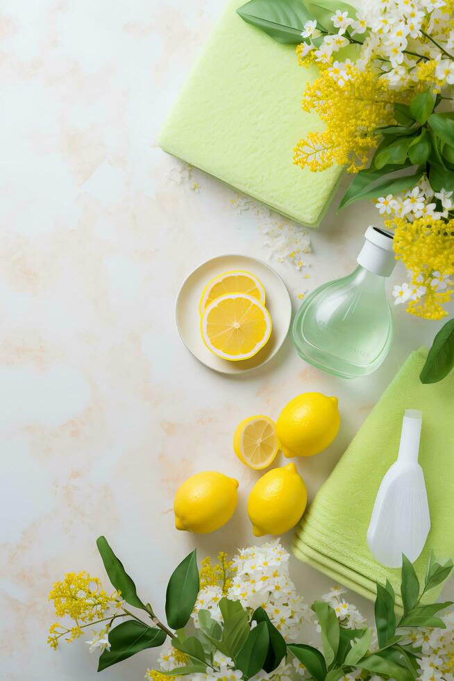 ai generato fresco inizi di moda primavera pulizia nel giallo e verde foto