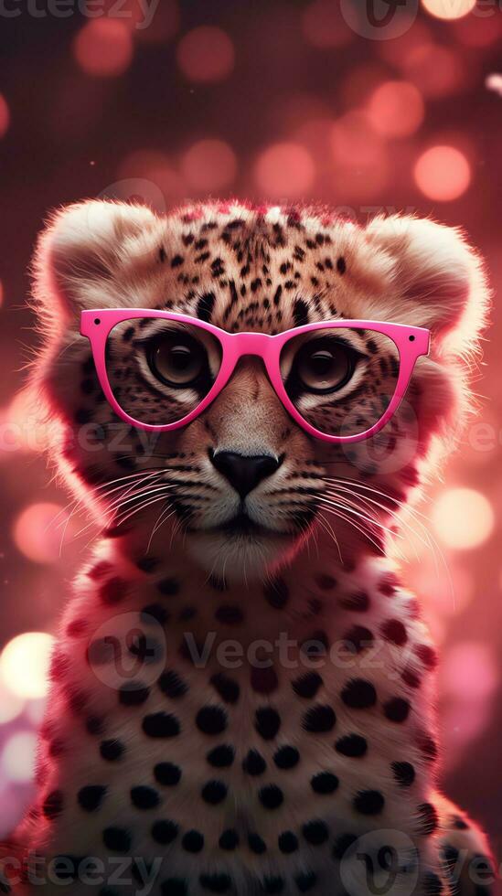 ai generato super carino ghepardo nel amore indossare cuore forma rosa occhiali. contento San Valentino giorno saluto carta concetto. ai generato Immagine foto