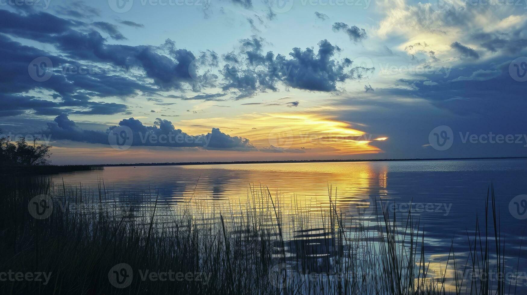 ai generato nuvoloso cielo a tramonto al di sopra di mobile baia foto