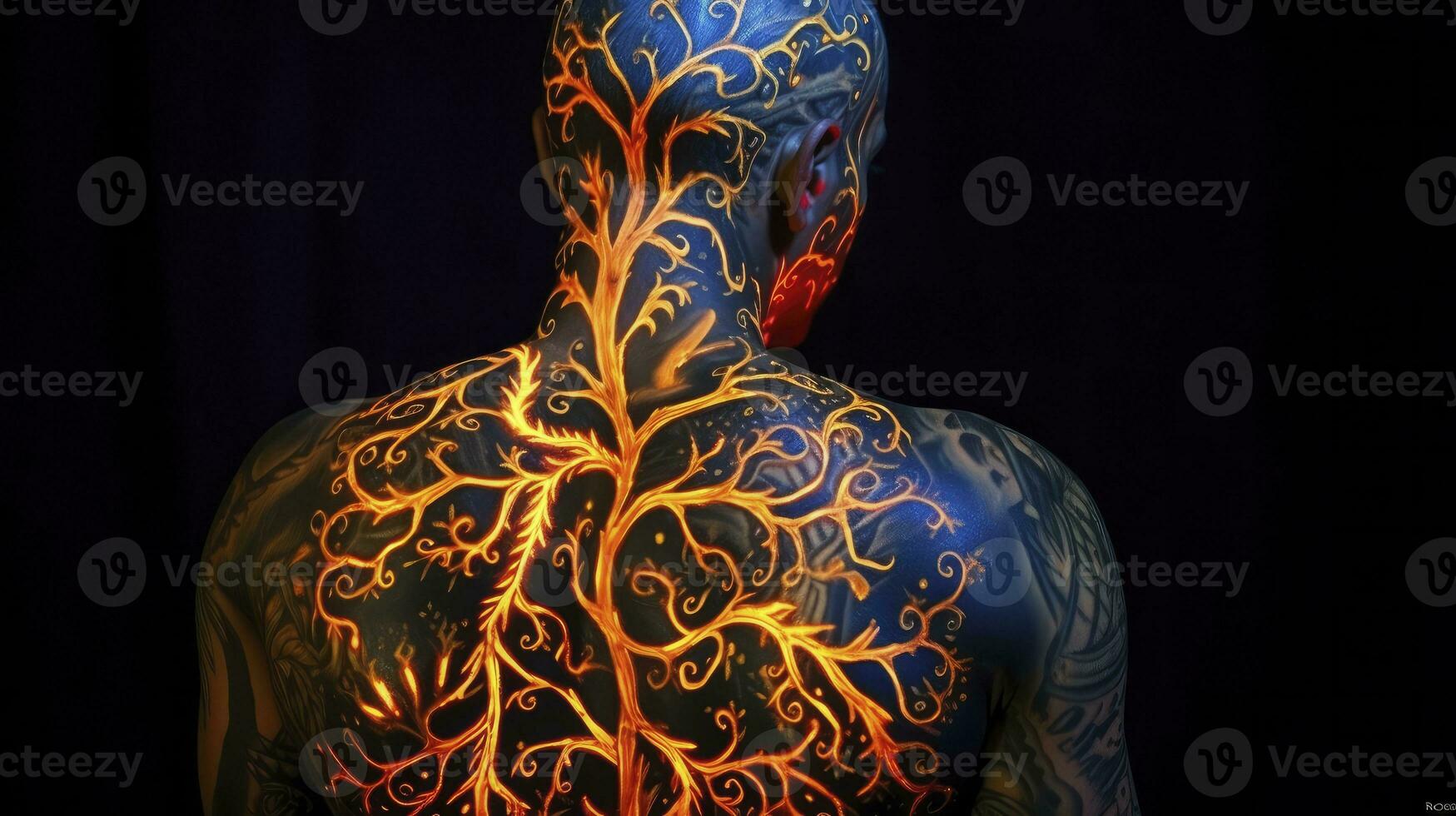 ai generato uomo foto con colorato luminoso tatuaggi su sua indietro