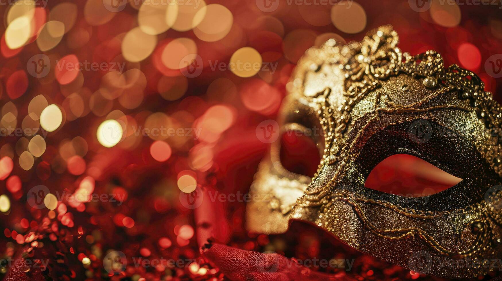 ai generato carnevale carta Magia d'oro carnevale maschera con luccichio nel brillante rosso sfondo foto