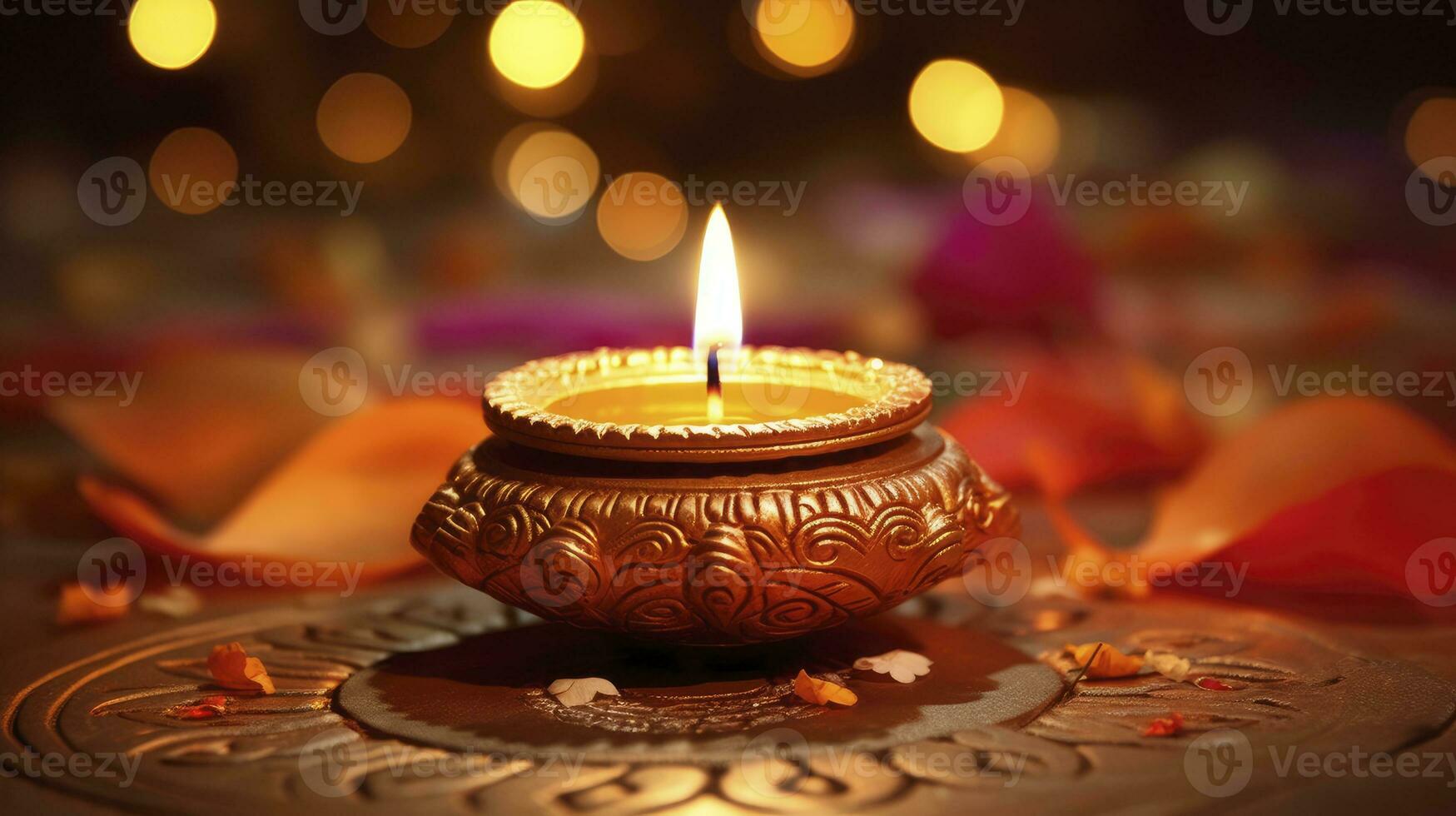 ai generato Diwali Festival ardente candele su un' legno duro pavimento foto
