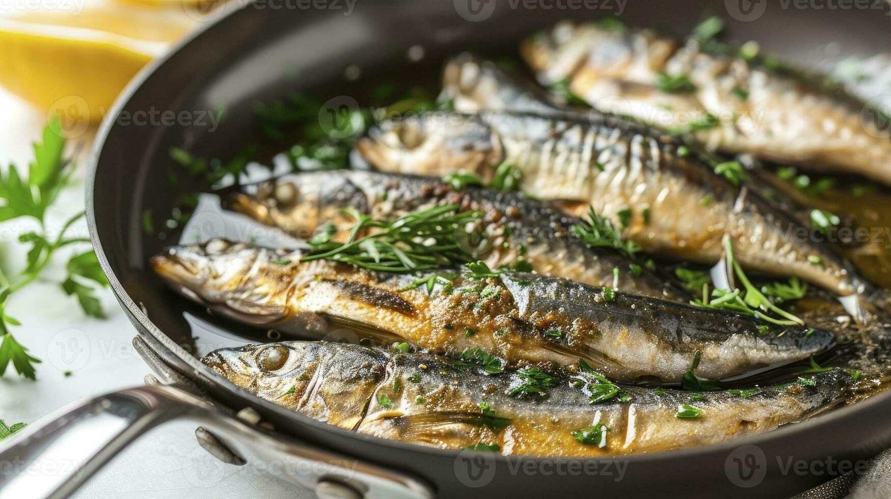 ai generato vicino su di sardina carne nel un' padella isolato su un' chiaro bianca sfondo. foto