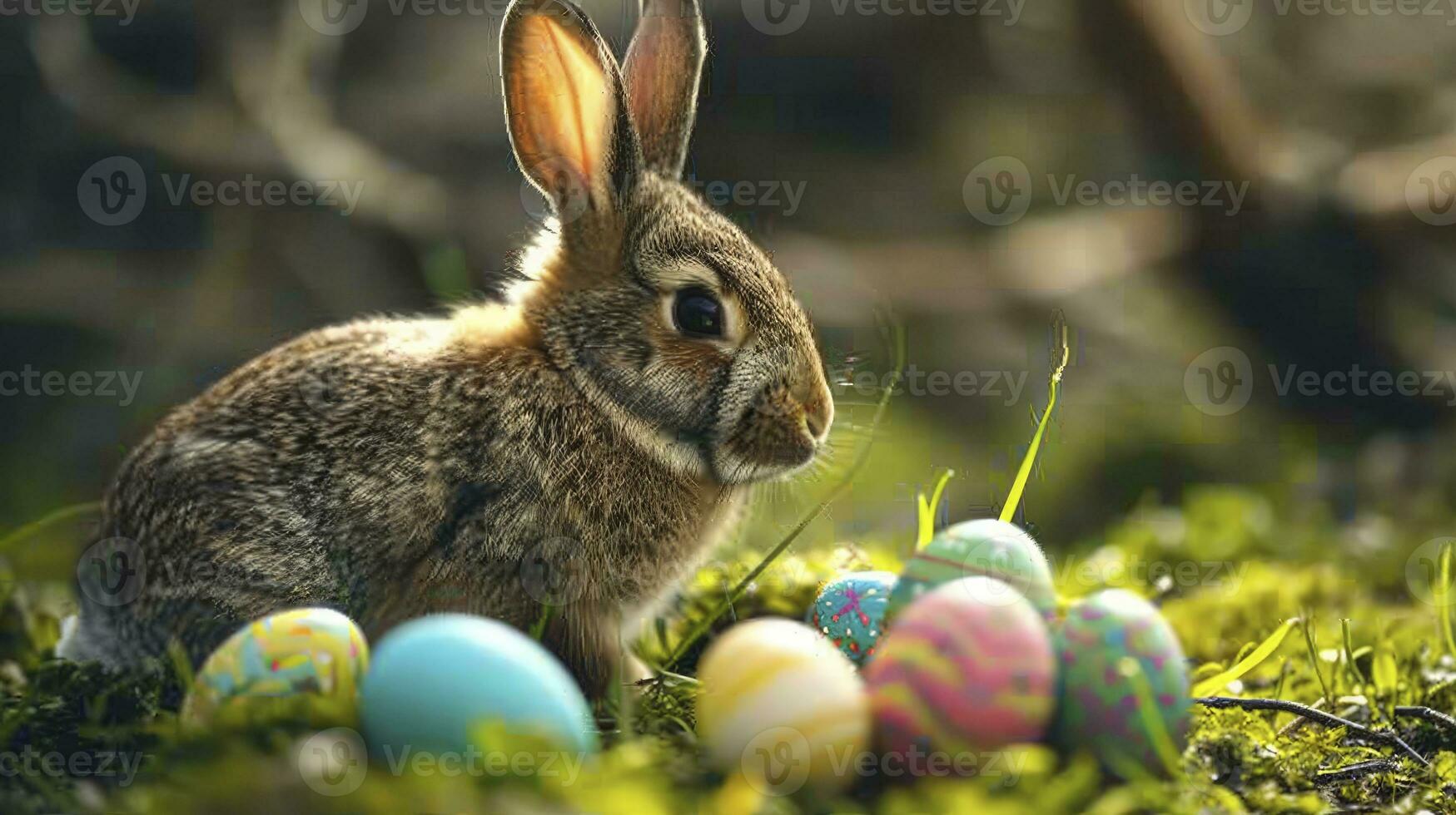 ai generato contento Pasqua coniglietto con molti colorato Pasqua uova foto