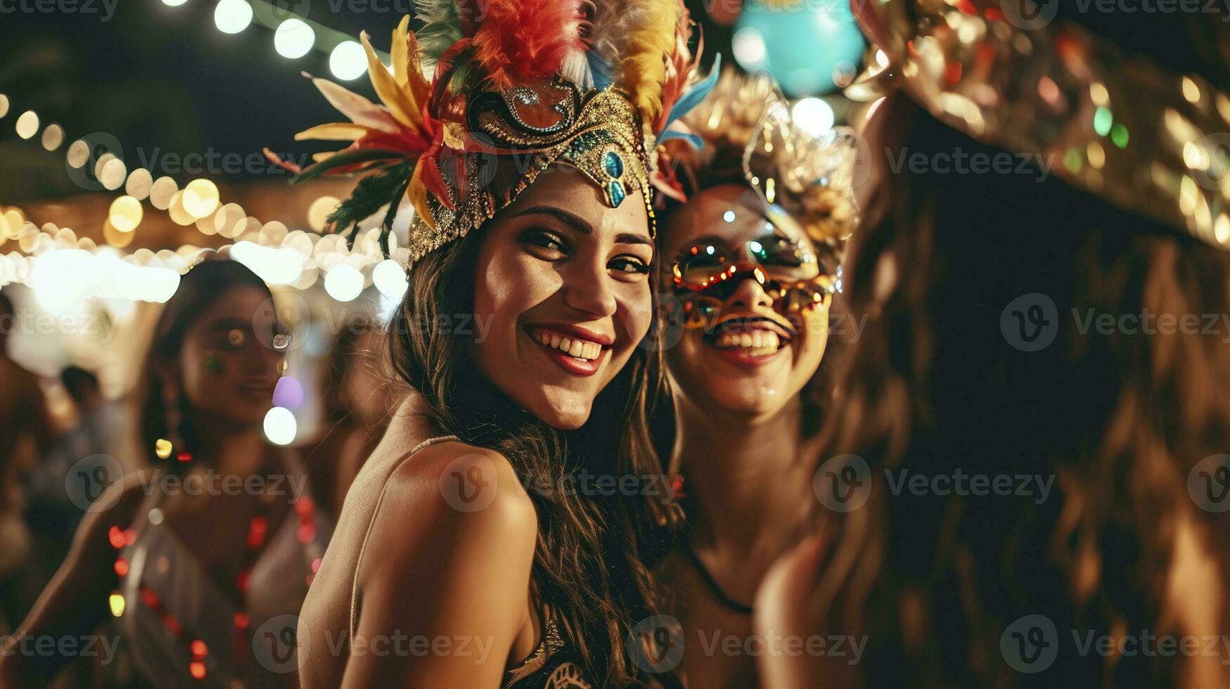 ai generato brasiliano carnevale. gruppo di amici festeggiare carnevale festa foto