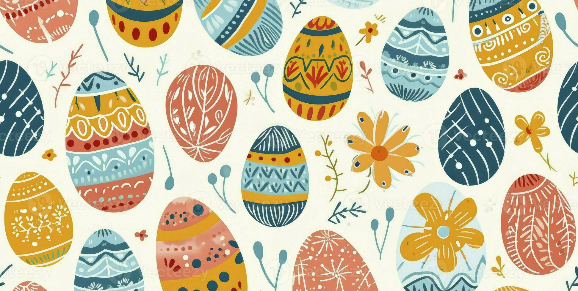 ai generato carino disegnato a mano Pasqua uova orizzontale senza soluzione di continuità modello, divertimento Pasqua decorazione, grande per striscioni, sfondi, carta design. foto