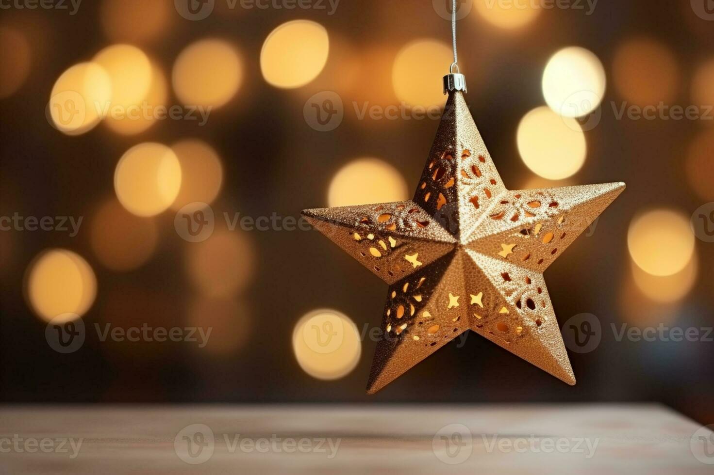 ai generato selettivo messa a fuoco tiro di stella ornamento sospeso su Natale albero foto