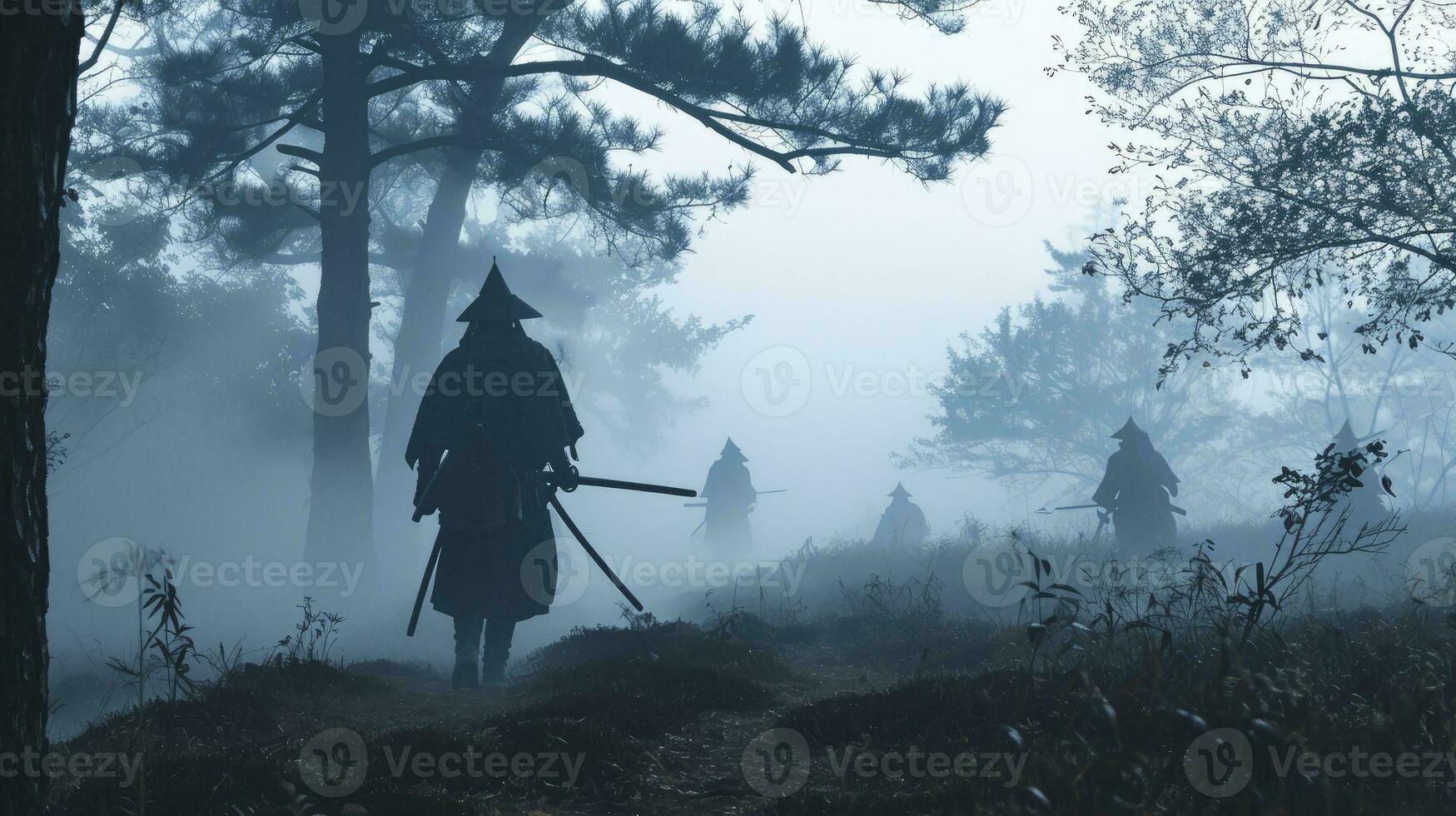 ai generato sbalorditivo alba scena nel nebbia con staglia samurai su il storico sekigahara campo di battaglia, consegnato nel moderno inchiostro lavare stile e smorzato toni. foto