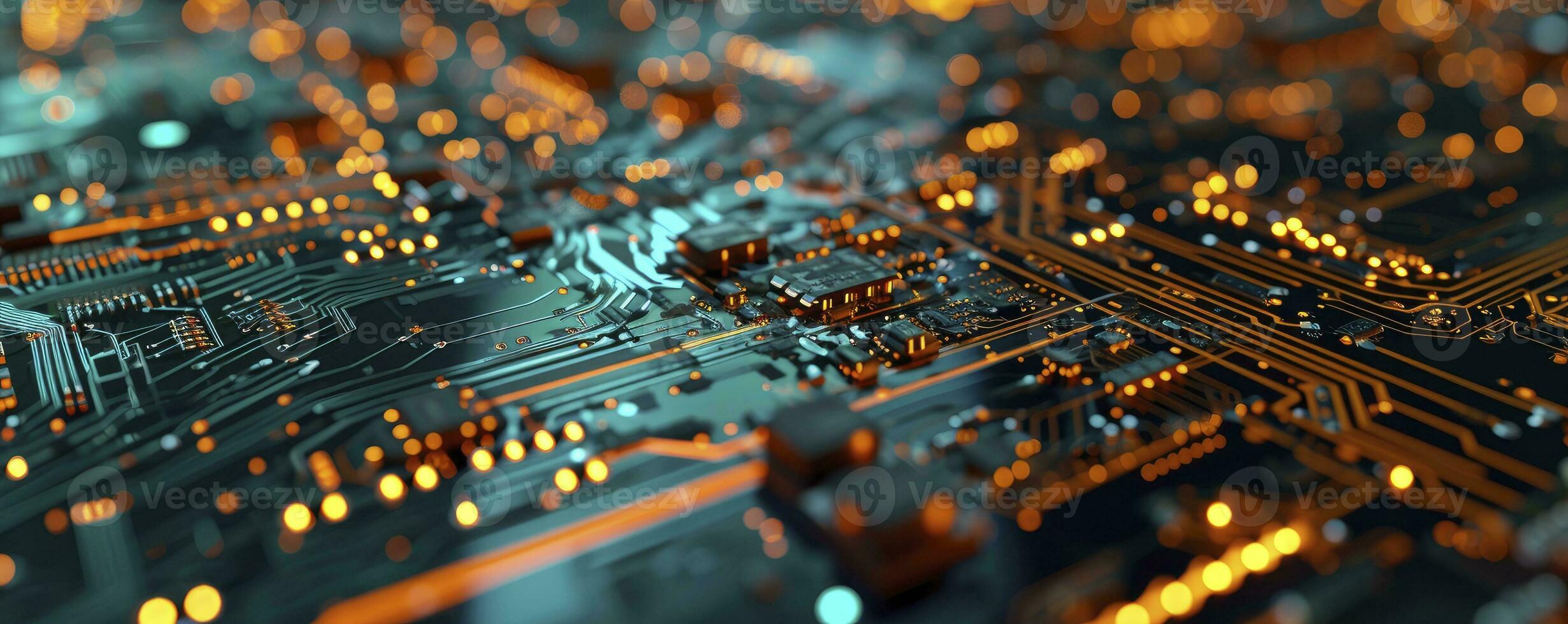 ai generato stampato circuito tavola futuristico server o circuito tavola futuristico server codice in lavorazione. arancia, verde, blu tecnologia sfondo con bokeh. 3d interpretazione foto