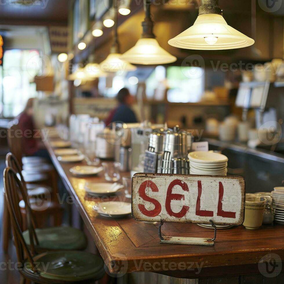 ai generato il cartello con testo vendere a il ristorante foto